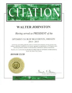 Honor Club Certificate